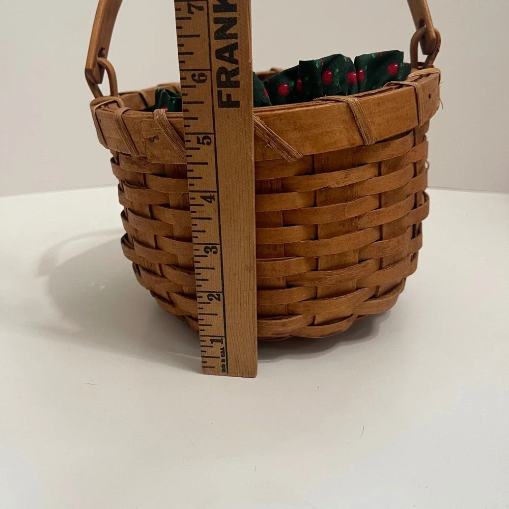 Vintage Woven Wood Round Basket with Handle and Green Cherry Apple Fabric Liner